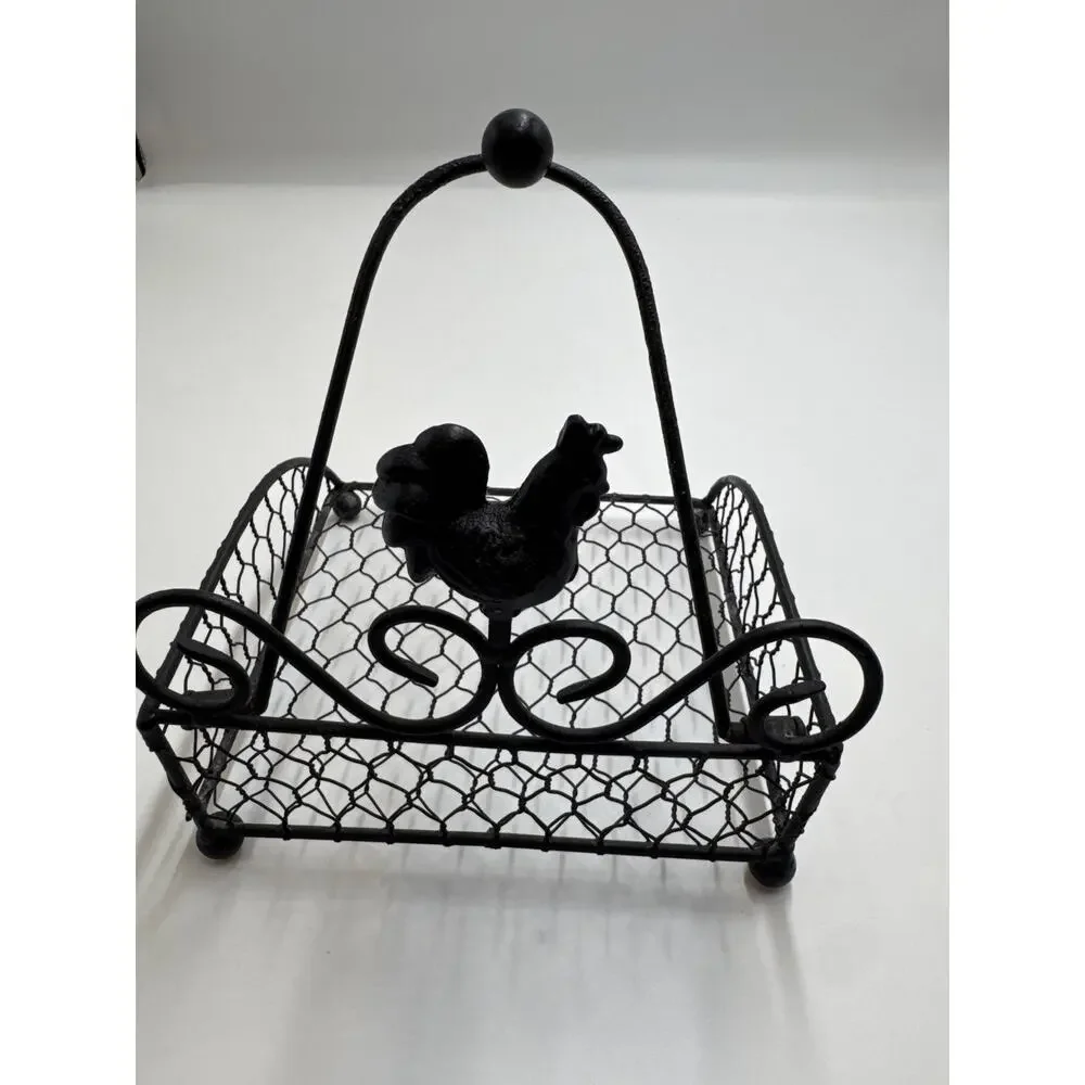 Black Metal Rooster Chicken Wire Basket Farmhouse Countertop Mail Napkin Holder